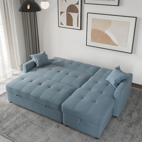 J&e Home 81.9 In. W Blue Cotton Queen Size 4 Seats Reversible Pull Out  Sleeper Sectional Storage Sofa Bed Je Sf2 Lv7047bl – The Home Depot Pertaining To Pull Out Couch Beds (Gallery 19 of 20)