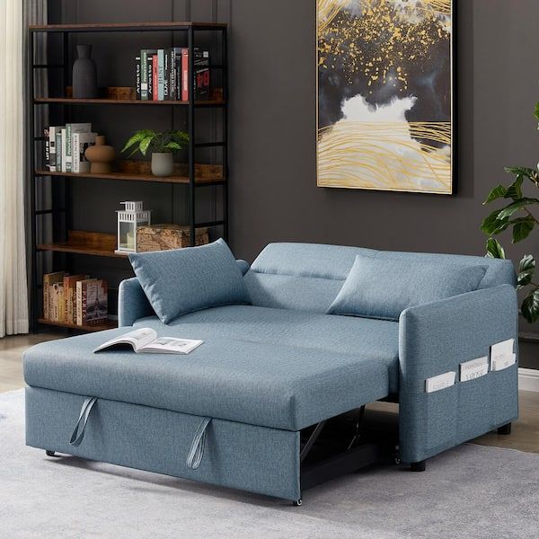 Kinwell 57 In. Blue Modern Convertible Full Size Pull Out Faux Leather Sleeper  Sofa Bed Reclining With Adjustable Backrest Bsc087 Bu – The Home Depot In Pull Out Couch Beds (Gallery 5 of 20)