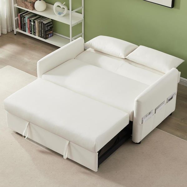 Kinwell 57 In. Creamy White Convertible Full Size Pull Out Faux Leather Sleeper  Sofa Bed Reclining With Adjustable Backrest Bsc087 Bg – The Home Depot Pertaining To Pull Out Couch Beds (Gallery 12 of 20)