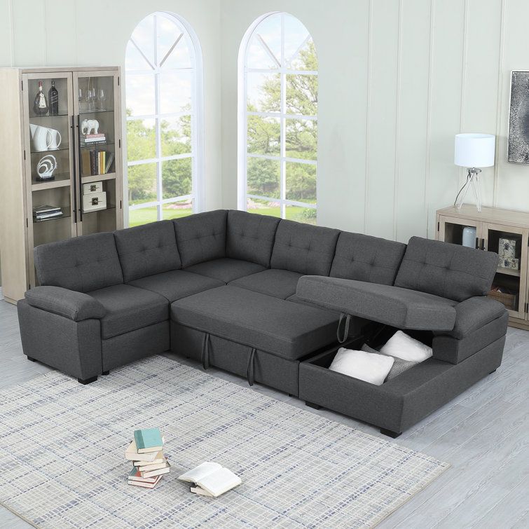 Latitude Run® Aine 118" Wide Fabric Sectional Sleeper Sofa (pull Out Bed)  With Storage Chaise & Reviews | Wayfair For Convertible Sofa With Matching Chaise (View 10 of 20)