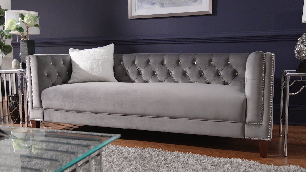 Layla Light Grey Velvet Sofa Love Seat Chair With Nailhead Triminspire  Q Bold – Youtube Within Light Gray Velvet Sofas (View 15 of 20)
