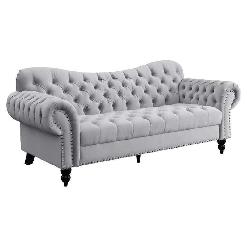 Lexicon Rosalie 83.5" Velvet Fabric Sofa With Nailhead In Light Gray |  Bushfurniturecollection Intended For Light Gray Velvet Sofas (Gallery 9 of 20)