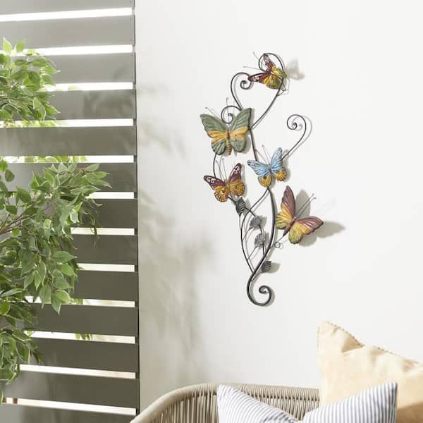 Litton Lane Metal Multi Colored Indoor Outdoor Butterfly Wall Decor With  Scroll Details 13612 – The Home Depot Regarding 2018 Indoor Outdoor Wall Art (View 4 of 20)