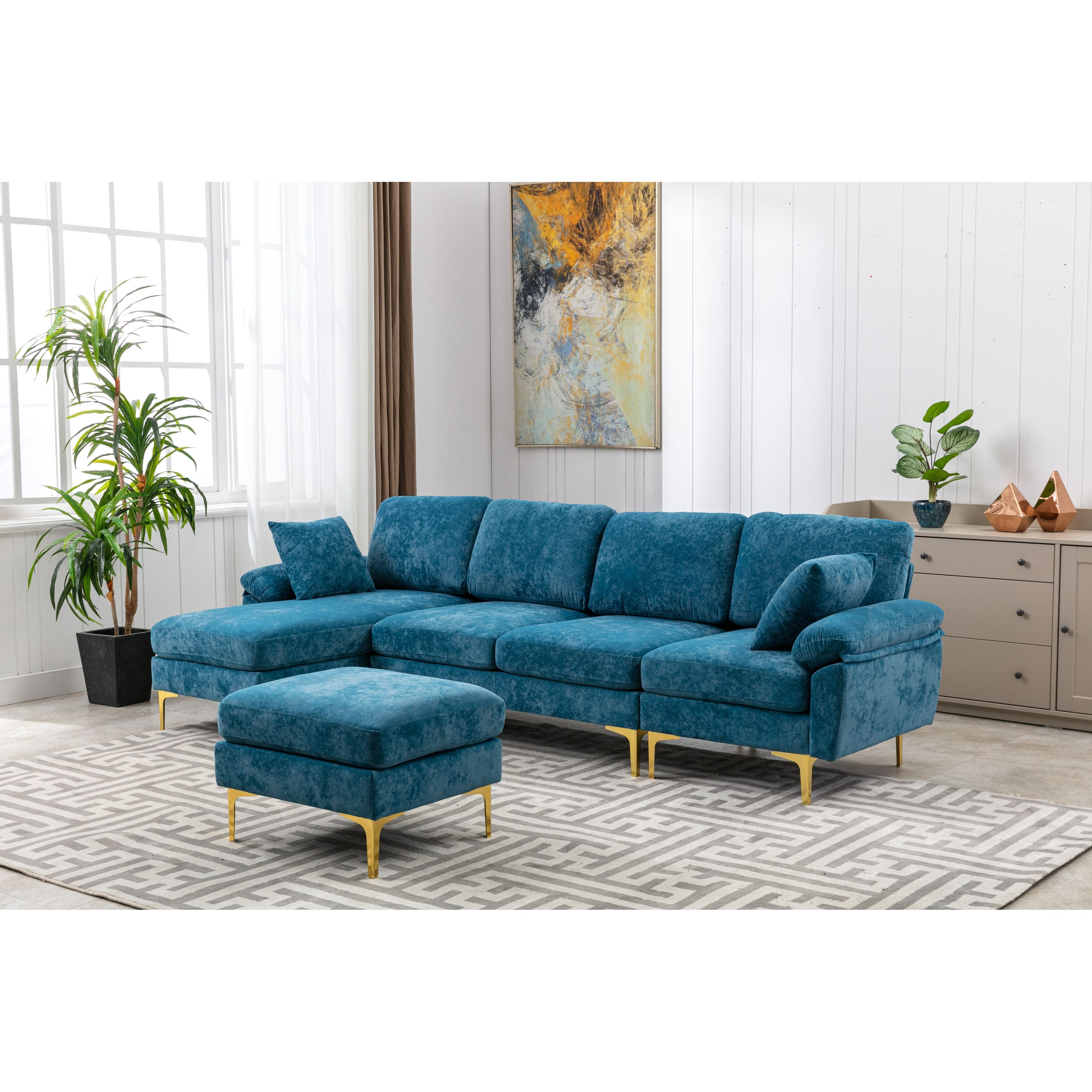Living Room Sectional Sofa, L Shaped Upholstered Couch With Movable Ottoman,  Convertible Modular Sofa With Gold Metal Legs – – 36690154 Throughout Sectional Sofas With Movable Ottoman (View 16 of 20)