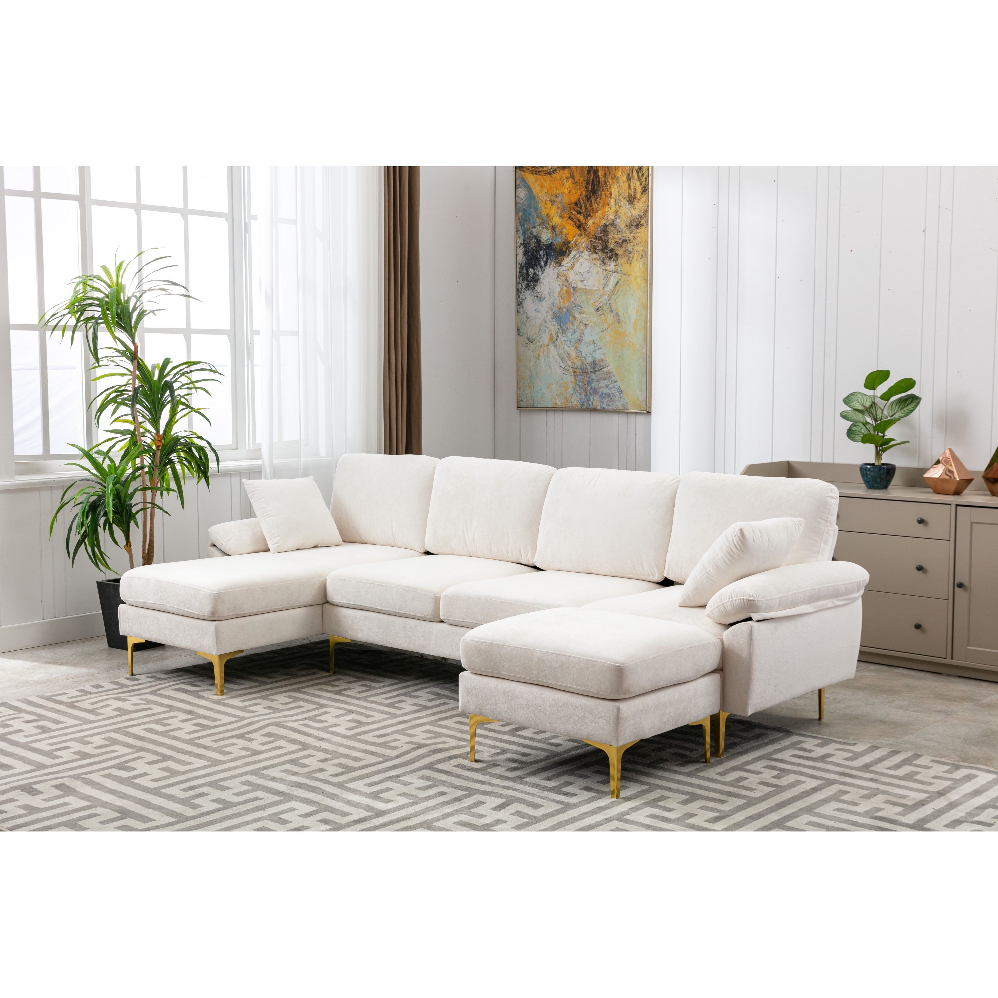 Living Room Sectional Sofa, L Shaped Upholstered Couch With Movable Ottoman,  Convertible Modular Sofa With Gold Metal Legs – On Sale – – 37311561 Intended For Sectional Sofas With Movable Ottoman (View 12 of 20)