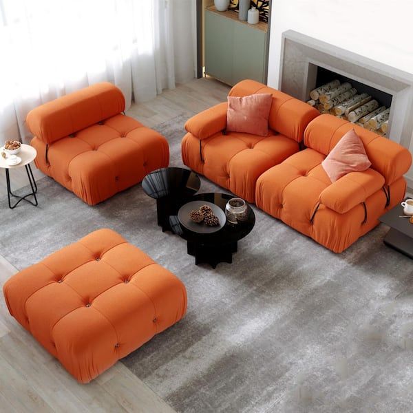 Magic Home 113.4 In. Flared Arm Teddy Velvet 4 Wide Seats Tufted Rectangle Sectional  Sofa Couch With Ottoman, Orange Cs W579s00011 – The Home Depot In Sectional Sofas With Ottomans And Tufted Back Cushion (Gallery 17 of 20)
