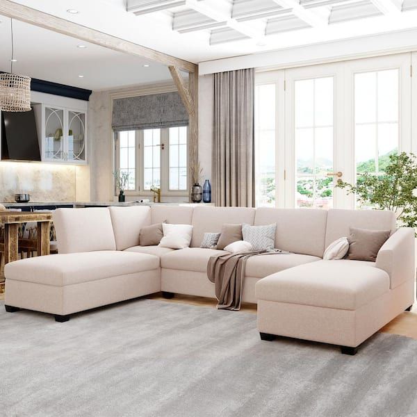 Magic Home 116.9 In. Large U Shape Polyester Sectional Sofa With Double  Extra Wide Chaise Lounge Couch, Beige Mh Hq O23g – The Home Depot Within Sofas With Double Chaises (Gallery 4 of 20)