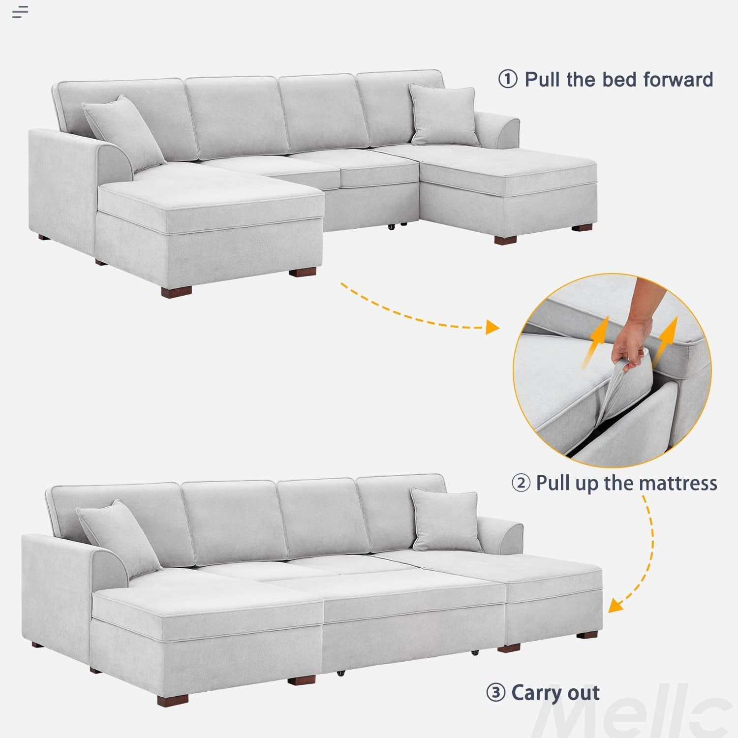 Mellcom U Shaped Sectional Sofa With Pull Out Bed, Upholstered Modular Couch  With Storage, Gray – Walmart In U Shaped Sectional Sofa With Pull Out Bed (View 11 of 20)