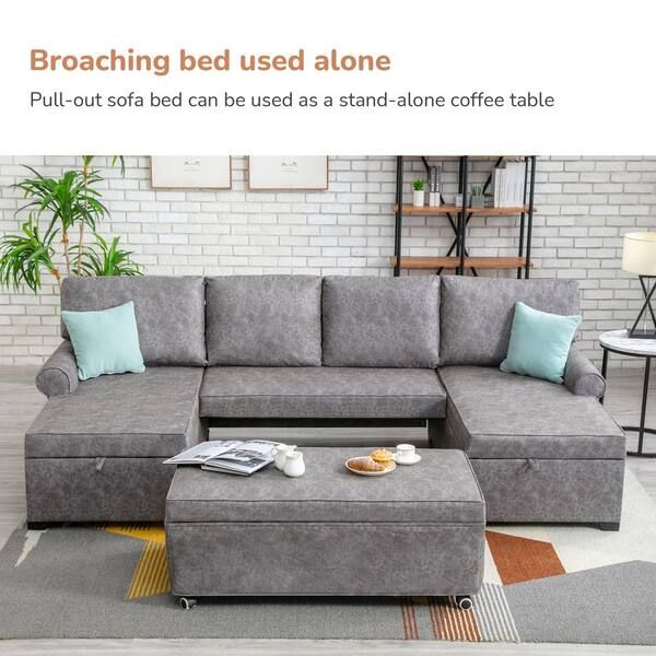 Modern 108.75 In. W Rolled Arm Polyester Pull Out U Shaped 6 Seater Sofa In  Gray With Storage And 2 Usb Charging Ports Yymd Ca 139 – The Home Depot With Regard To U Shaped Sectional Sofa With Pull Out Bed (Gallery 17 of 20)