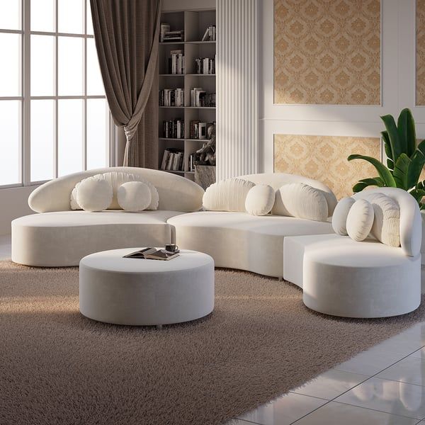 Modern 7 Seat Sofa Curved Sectional Modular Beige Velvet Upholstered With  Ottoman Homary With Regard To 7 Seater Sectional Couch With Ottoman And 3 Pillows (View 11 of 20)