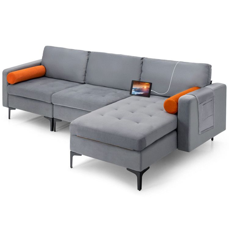 Modular L Shaped 3 Seat Sectional Sofa With Reversible Chaise And 2 Usb  Ports – Costway Pertaining To 3 Seat L Shape Sofa Couches With 2 Usb Ports (View 11 of 20)