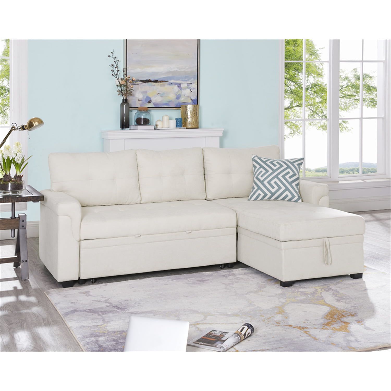 Naomi Home Laura Sectional Sleeper Sofa – Elegant L Shaped Couch  Convertible Pull Out Bed, Ample Storage, Timeless Design, Sturdy  Construction, Long Lasting For Modern Living, Velvet, Cream – Walmart For Reversible Pull Out Sofa Couches (View 18 of 20)