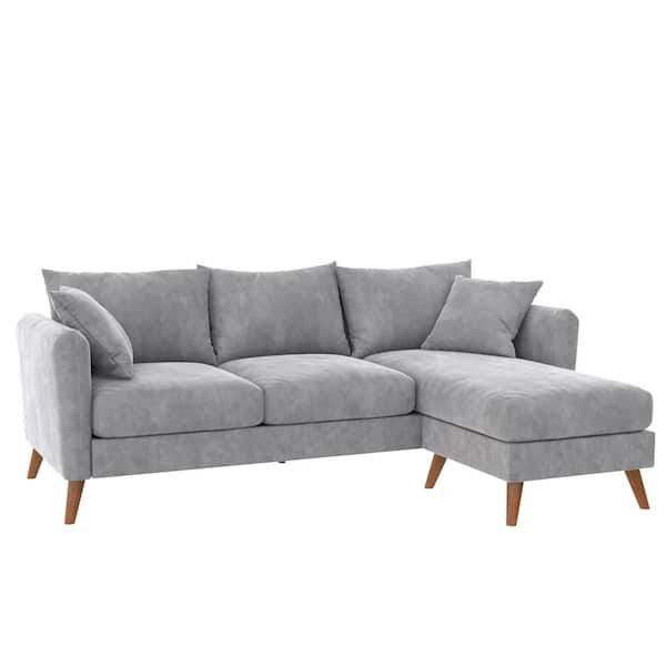 Novogratz Magnolia 84 In. Rounded Arm 1 Piece Velvet L Shaped Reversible  Sectional Sofa In Light Gray W/pocket Coils And Pillows Da2006379n – The  Home Depot With Regard To Light Gray Velvet Sofas (Gallery 12 of 20)