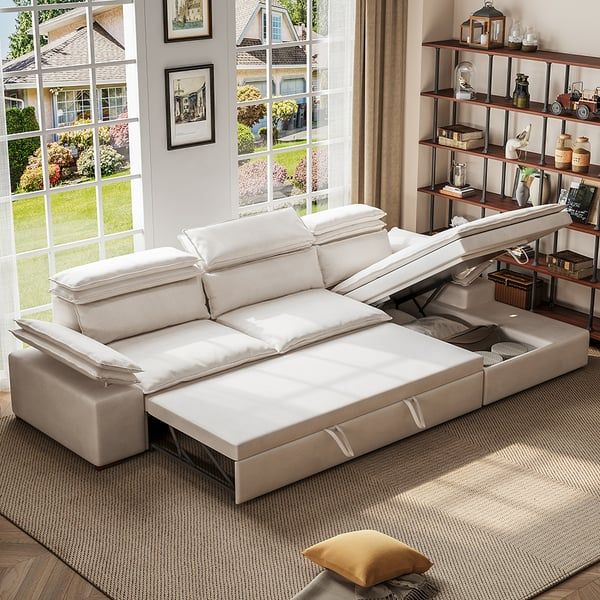 Off White Microfibres Reversible Sleeper Sectional Sofa With Chaise Pull  Out Sofa Bed Homary Within Reversible Pull Out Sofa Couches (View 8 of 20)
