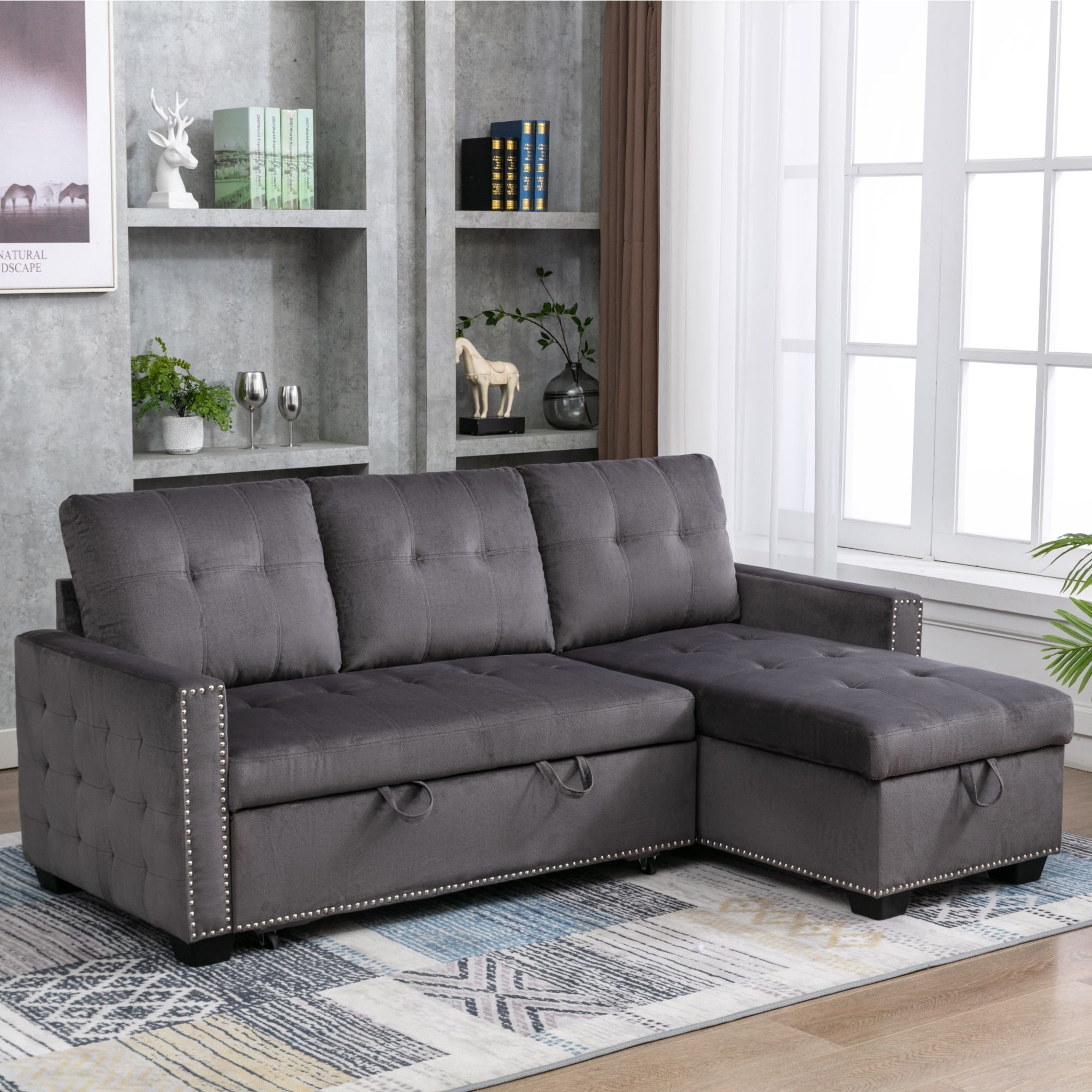 Reversible Velvet Sectional Sofa Pull Out Sleeper Sofa Bed L Shape 3 Seat  Sectional Storage Chaise With Removable Cushions – On Sale – – 36958384 With Regard To Chaise 3 Seat L Shaped Sleeper Sofas (View 4 of 20)