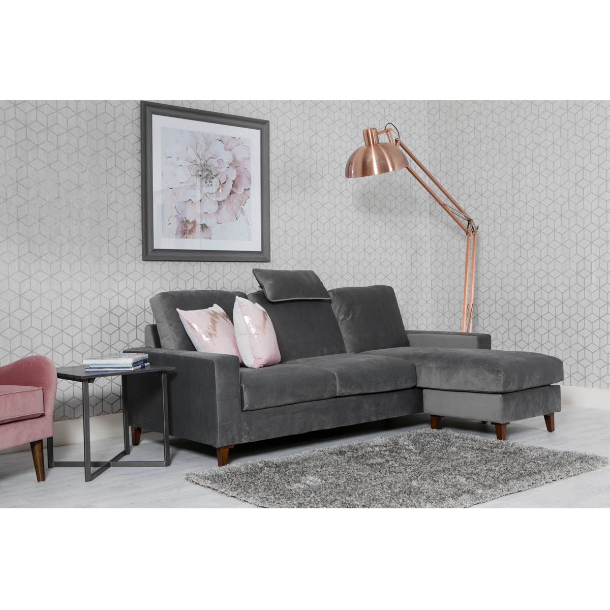 Rich Light Grey Velvet Sofa With Chaise Section – Am Interiors Pertaining To Light Gray Velvet Sofas (View 18 of 20)