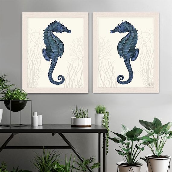 Seahorse Prints Blue On Cream Set Of 2 Nautical Print Beach – Etsy Inside Best And Newest Seahorse Wall Art (View 12 of 20)