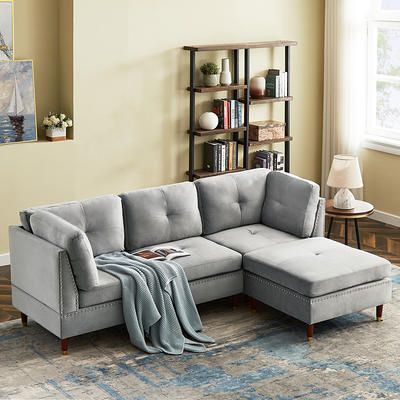 Sectional Sofa With Ottoman, Aukfa Reversible Corner Couch, Velvet  Upholstered L Shaped 3 Seater Couch Sofa Bed With Nail Head And Armrest For  Living Room Bedroom – Grey – Yahoo Shopping For 3 Seat Sofa Sectionals With Reversible Chaise (View 15 of 20)