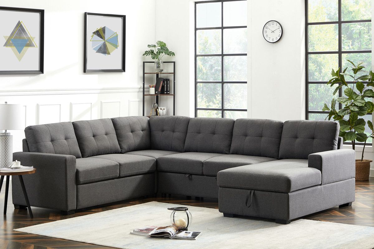 Selene Dark Gray Linen Fabric Sleeper Sectional Sofa With Storage Chaise –  1stopbedrooms Regarding Sectional Sofa With Storage (Gallery 12 of 20)