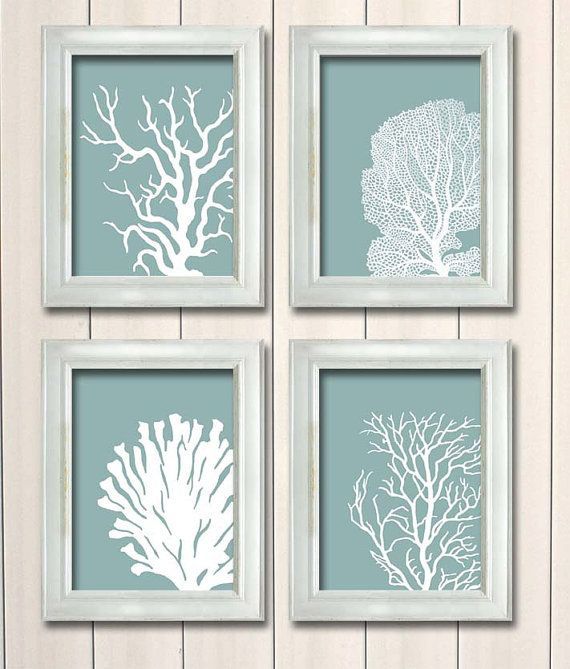 Set 4 Coral Prints Mist Blue/green Nautical Print Nautical – Etsy | Coral  Art, Beach House Bathroom, Beach Decor Regarding Most Up To Date Nautical Tropical Wall Art (View 10 of 20)