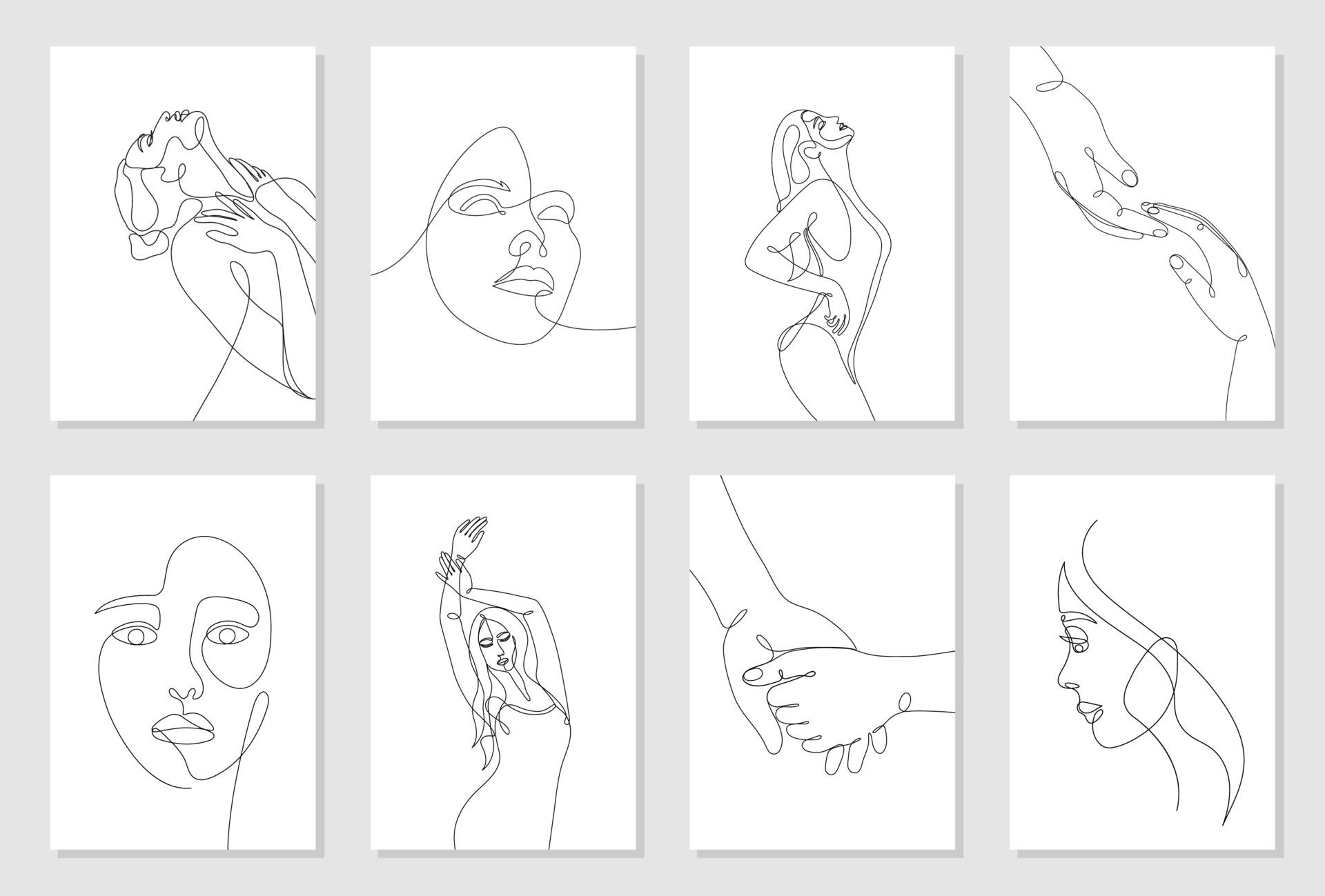 Set Of 8 Wall Art Posters. Single Line Drawn Young Woman Figure, Body,  Beauty Face, Barely Touching Hands, Minimalistic. Dynamic Continuous One  Line Graphic Vector Design Isolated On White (View 10 of 20)