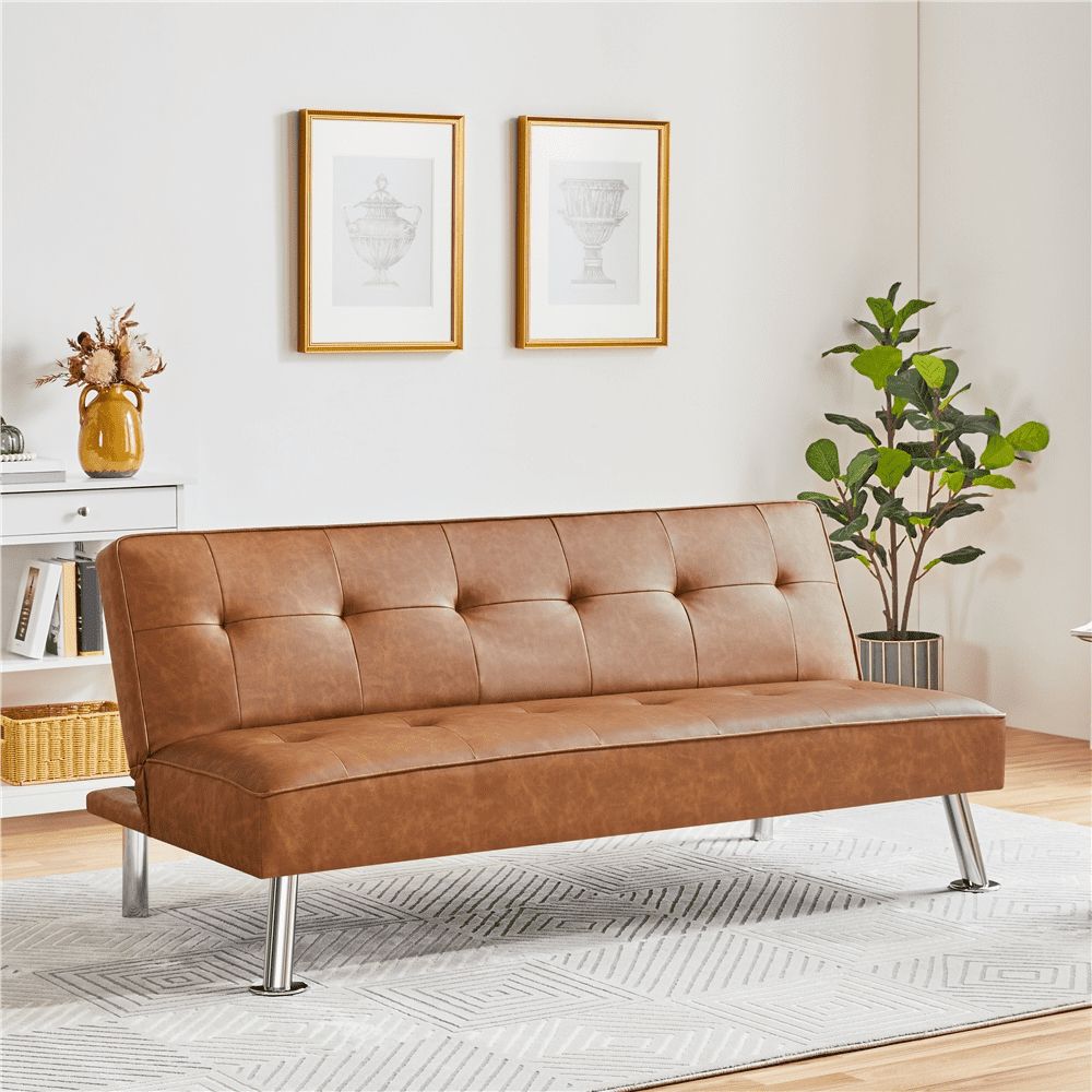 Smilemart Convertible Tufted Faux Leather Futon Sofa Bed With Chrome Metal  Legs, Brown – Walmart Within Chrome Metal Legs Sofas (View 4 of 20)