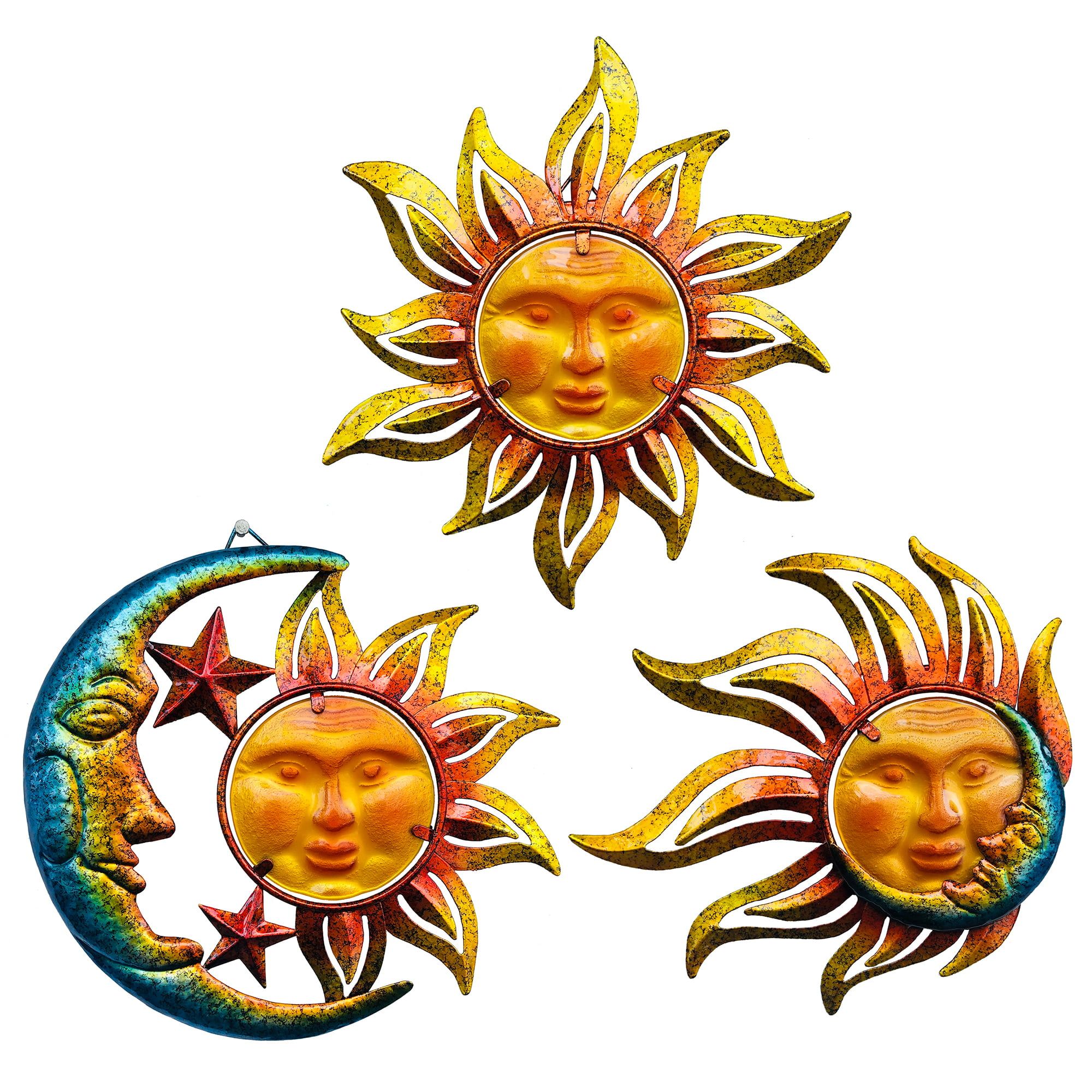 Sun Face Metal Wall Art Décor Outdoor Indoor, Sun Moon Star, Metal & Glass Hanging  Wall Decoration For Living Room Bedroom Bathroom Garden Patio Porch Fence  Balcony, Set Of 3, 9 Inch For 2017 Iron Outdoor Hanging Wall Art (View 12 of 20)