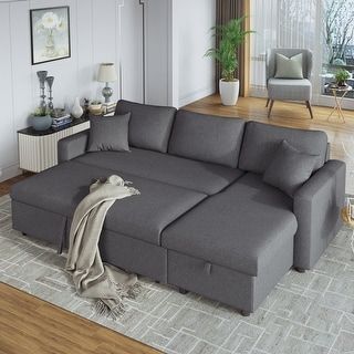 U_style Upholstery Sleeper L Shape Sectional Sofa Pull Out Sleeper Sofa  Sets With Storage Space Chaise And 2 Tossing Cushions – On Sale – – 35724258 Within U Shaped Sectional Sofa With Pull Out Bed (Gallery 18 of 20)