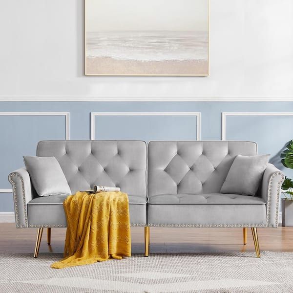 Urtr 76.7 In. Light Gray Velvet Upholstered Sleeper Sofa Love Seat Sofa  Couch Folding Futon Twin Size Sofa Bed With 2 Pillows Hy01488y – The Home  Depot For Light Gray Velvet Sofas (Gallery 17 of 20)