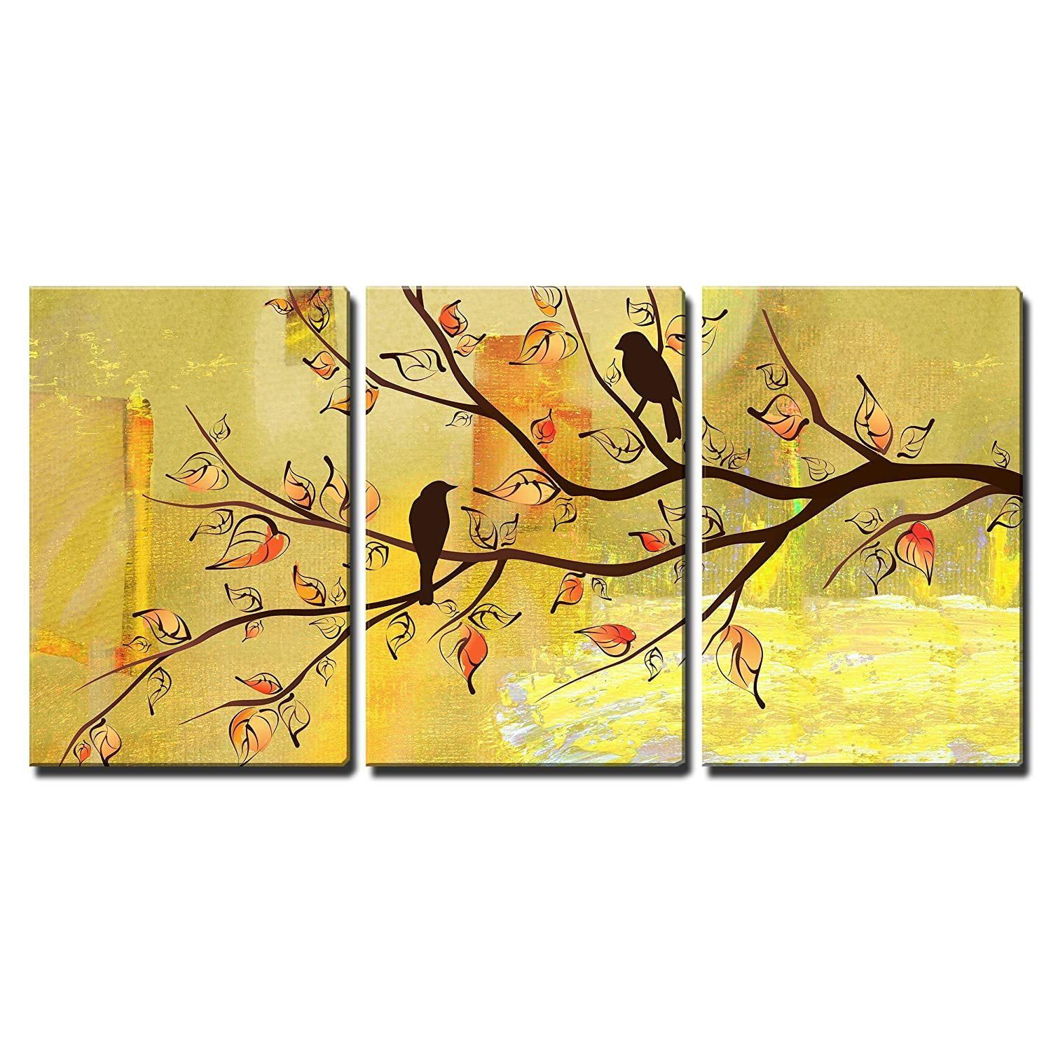 Wall26 3 Piece Canvas Wall Art – Two Birds On Tree Branches On Vintage  Yellow Background – Modern Home Decor Stretched And Framed Ready To Hang –  24"x36"x3 Panels – Walmart With Regard To Most Current Bird On Tree Branch Wall Art (View 20 of 20)