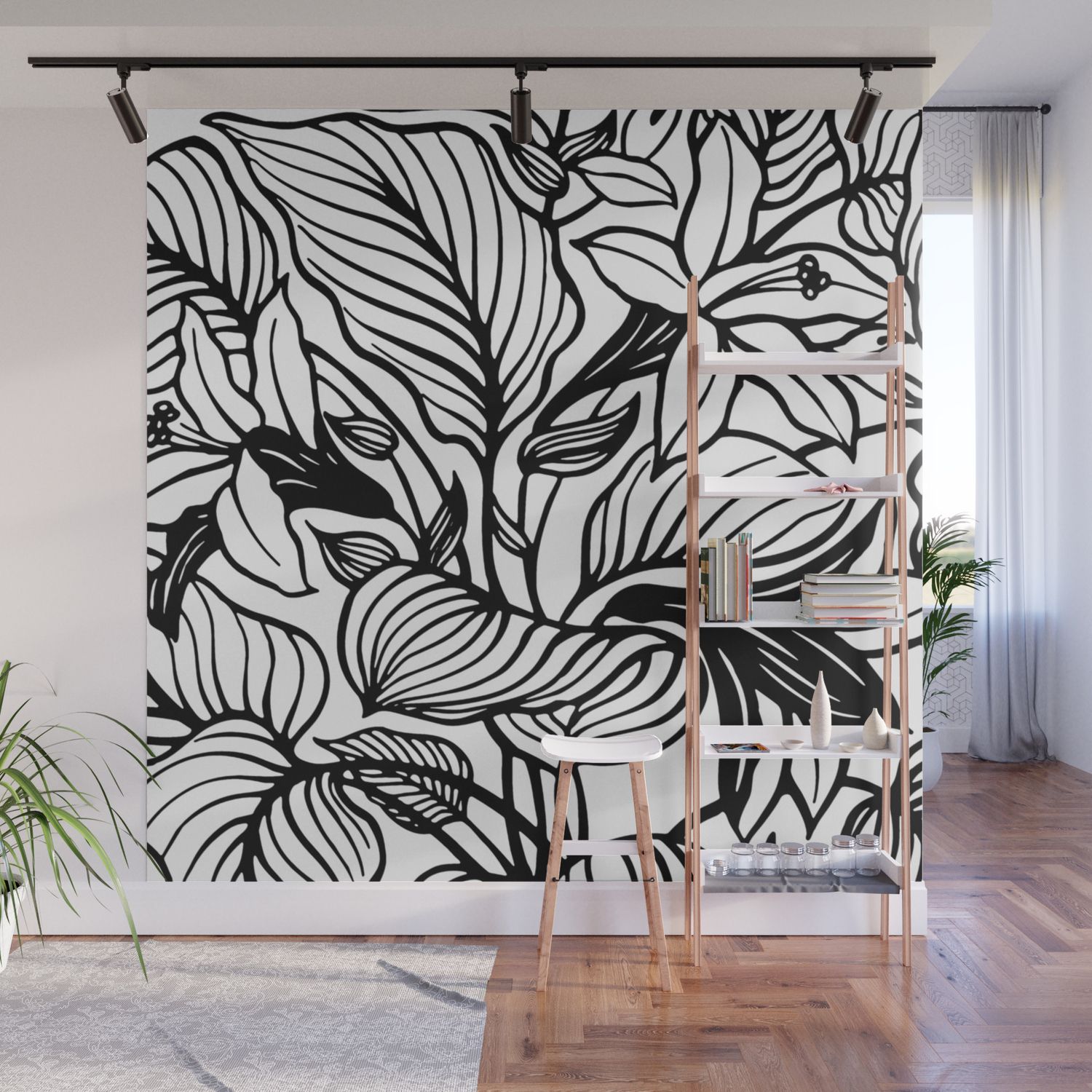 White And Black Floral Minimalist Line Drawing Wall Muralbeautiful  Homes Usa | Society6 Within Latest Black Minimalist Wall Art (View 13 of 20)