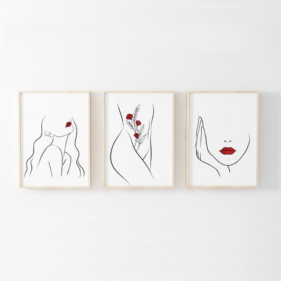 Woman Face And Body Line Art Print Set Of 3 Female Face Red – Etsy Singapore Regarding Best And Newest One Line Women Body Face Wall Art (View 3 of 20)
