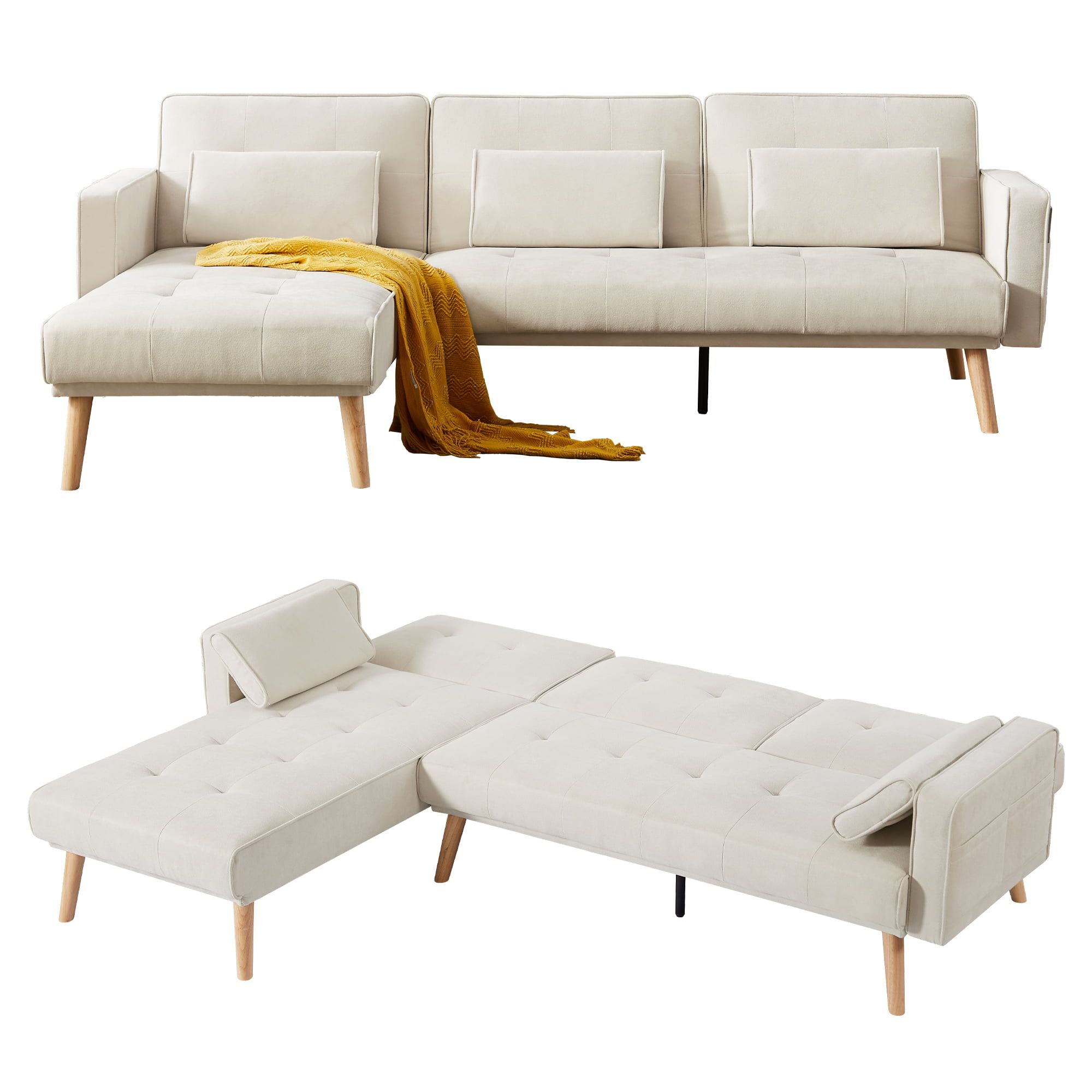 Zechuan Sectional Convertible Sofa Bed With Left Chaise And Pillows –  L Shaped Corner Sofa Couch – Modern Living Room Furniture Set – White –  Walmart With Regard To Sofa Beds With Right Chaise And Pillows (View 18 of 20)