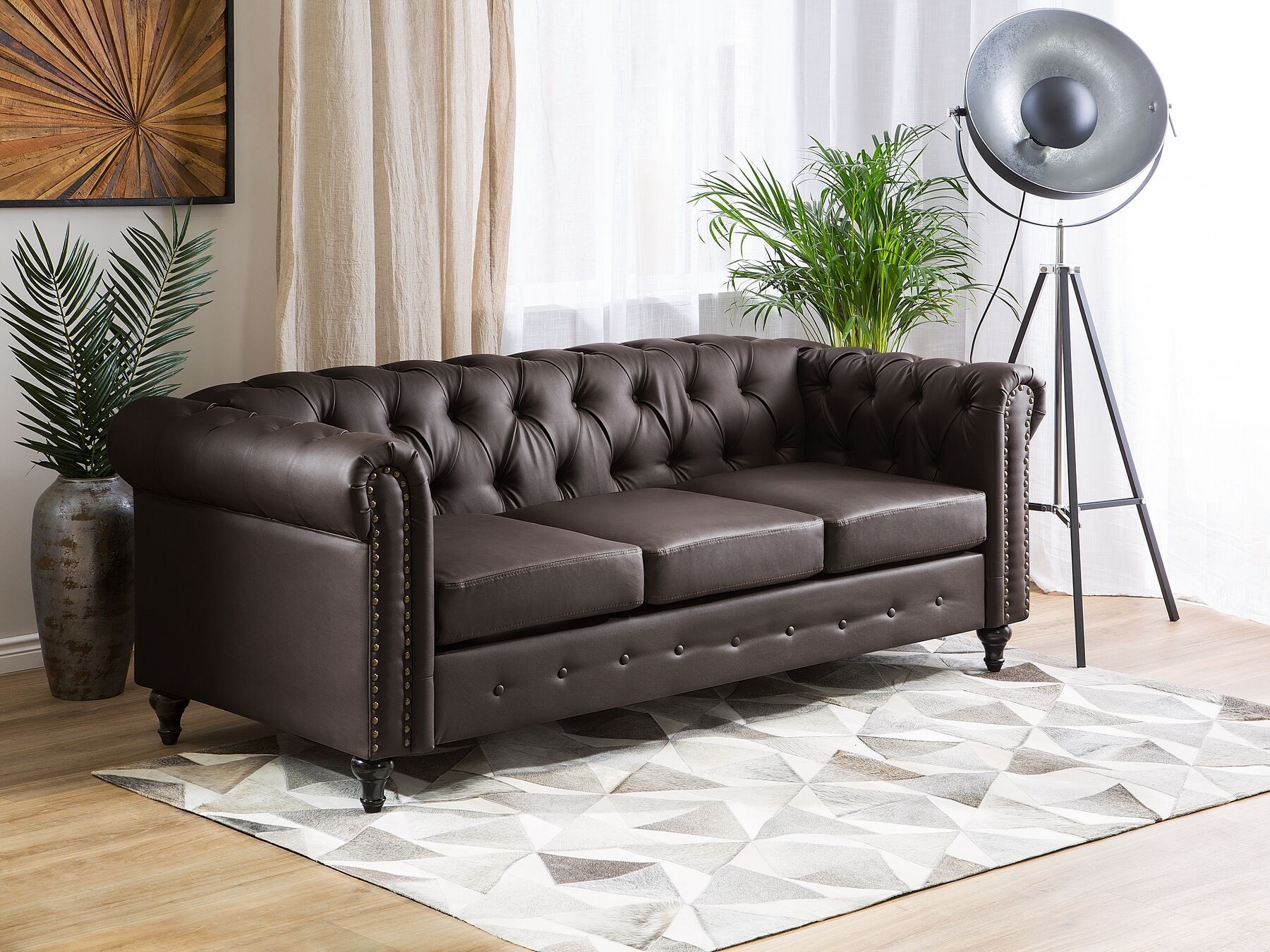 3 Seater Faux Leather Sofa Brown Chesterfield | Beliani (View 7 of 20)
