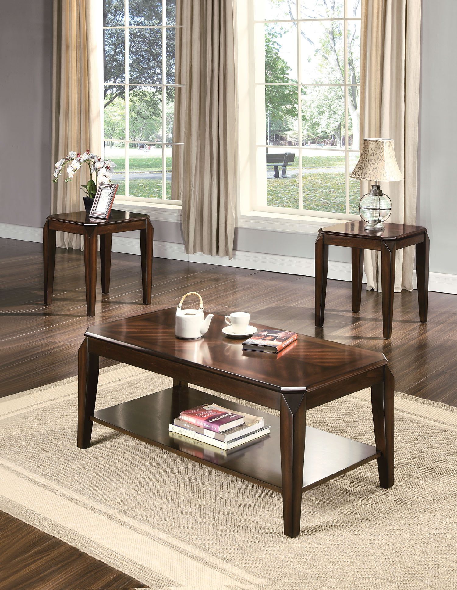 3pc Pack Coffee/end Table Set, Walnut – Poplar Wood, Basswood Ven Throughout Coffee Tables For 4 6 People (Gallery 15 of 20)