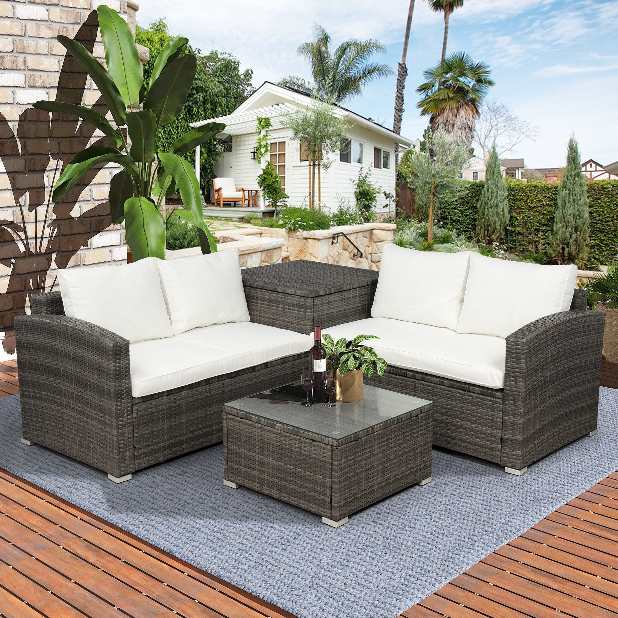 4 Piece Rattan Patio Furniture Sets, Wicker Bistro With Ottoman Coffee With 4pcs Rattan Patio Coffee Tables (Gallery 6 of 20)