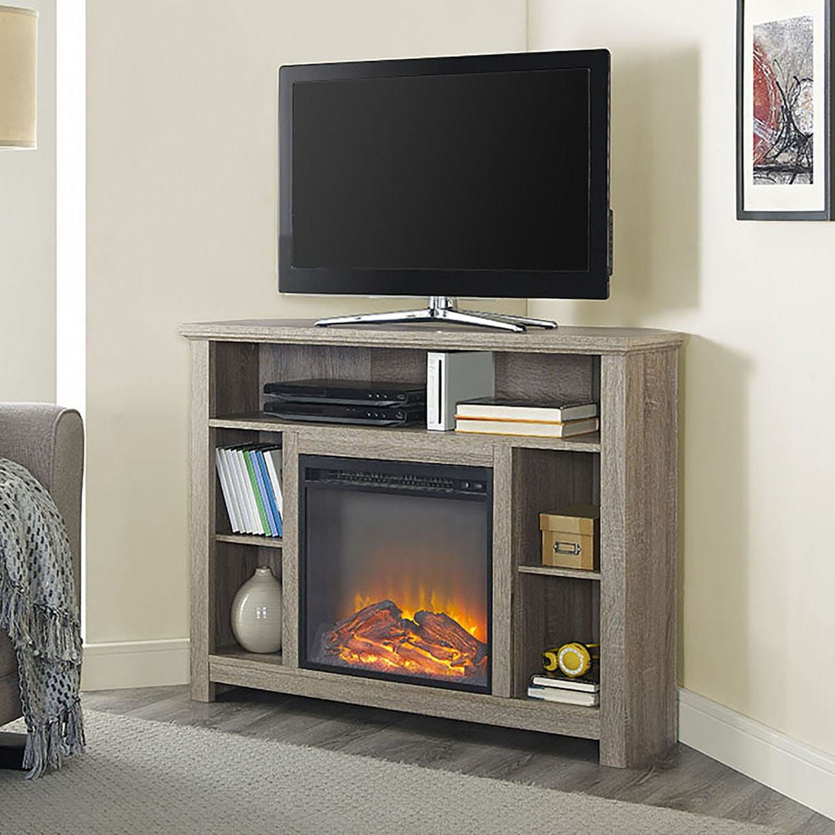 44 Inch Wood Corner Highboy Fireplace Tv Stand – Driftwoodwalker Edison Regarding Wood Highboy Fireplace Tv Stands (View 18 of 20)