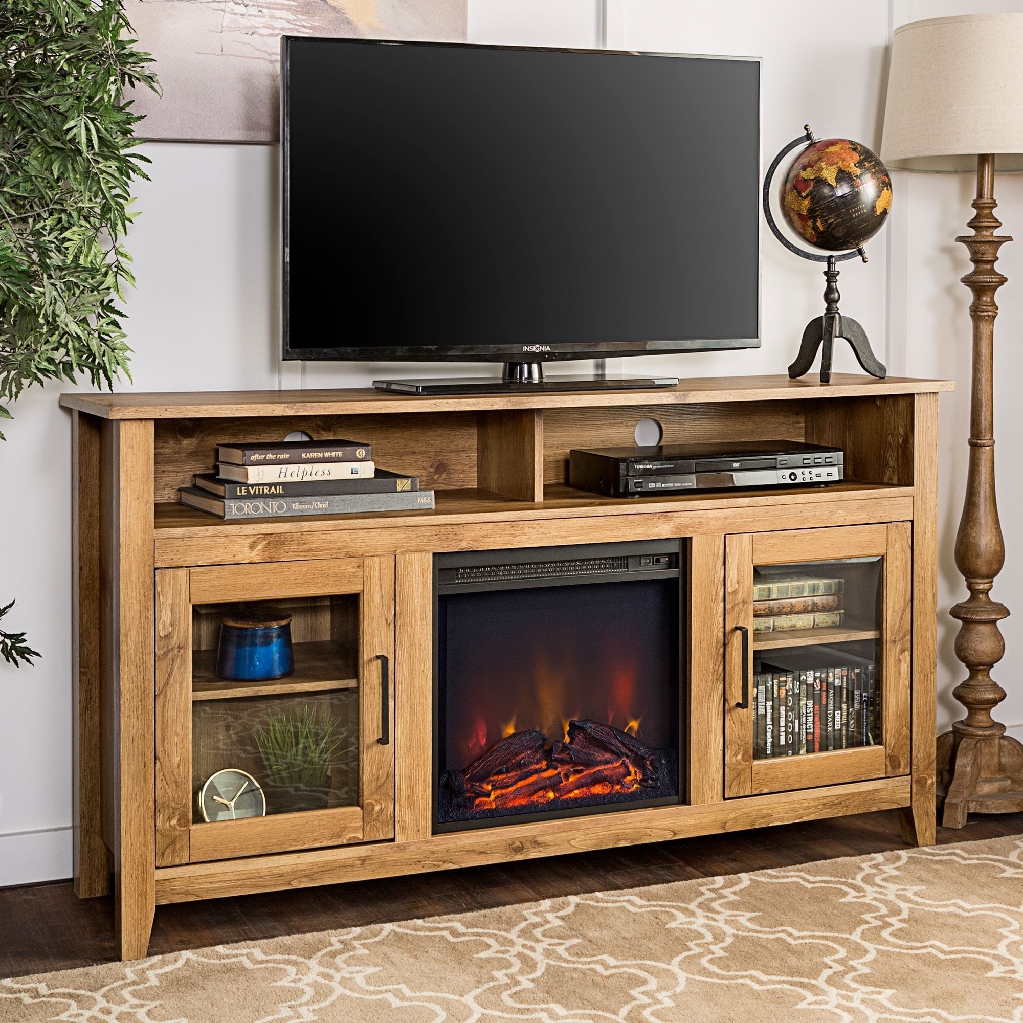 58 Inch Traditional Wood Highboy Tv Stand With Electric Fireplace Within Wood Highboy Fireplace Tv Stands (Gallery 19 of 20)