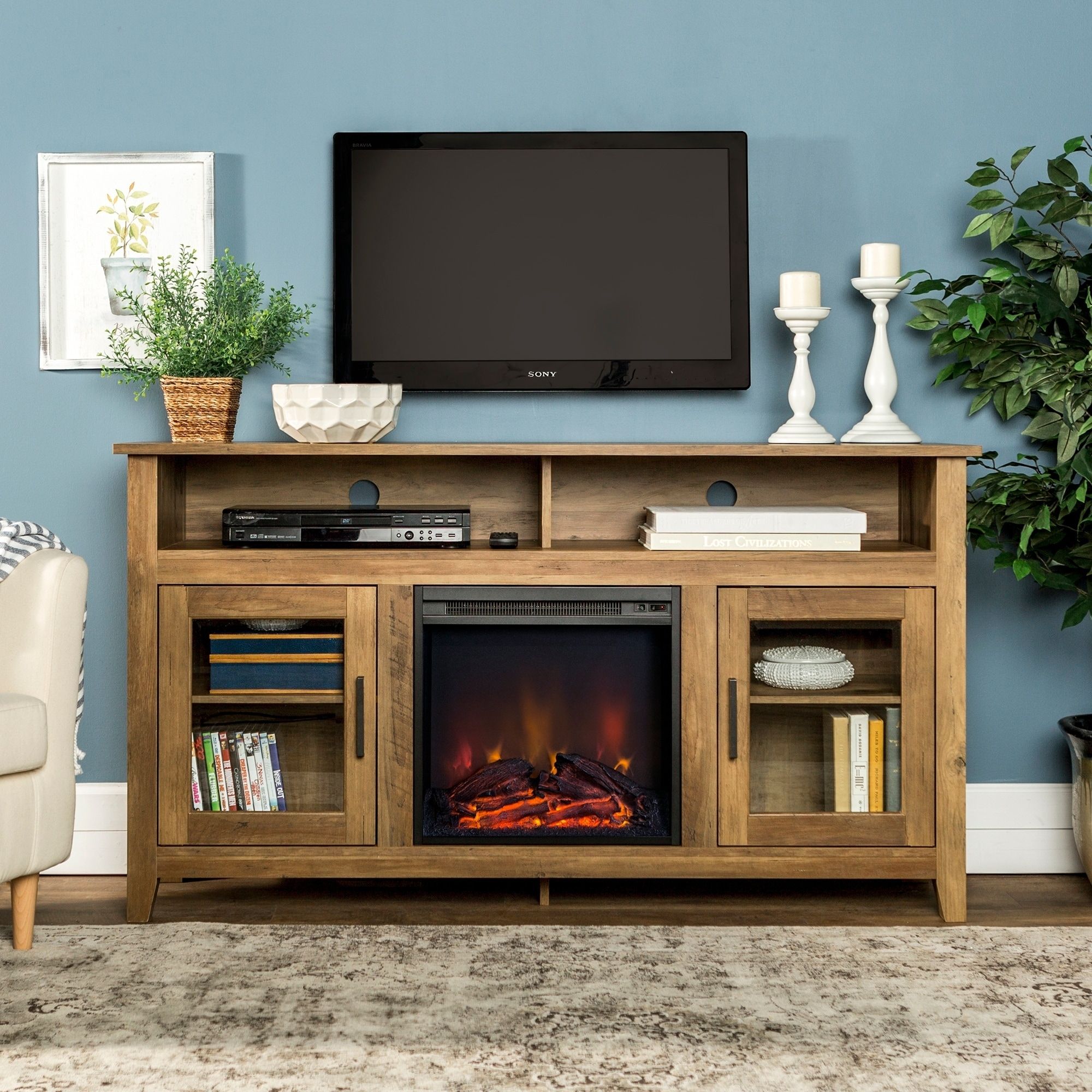 58 Inch Wood Highboy Fireplace Tv Stand – Rustic Oak (reclaimed Intended For Wood Highboy Fireplace Tv Stands (Gallery 12 of 20)
