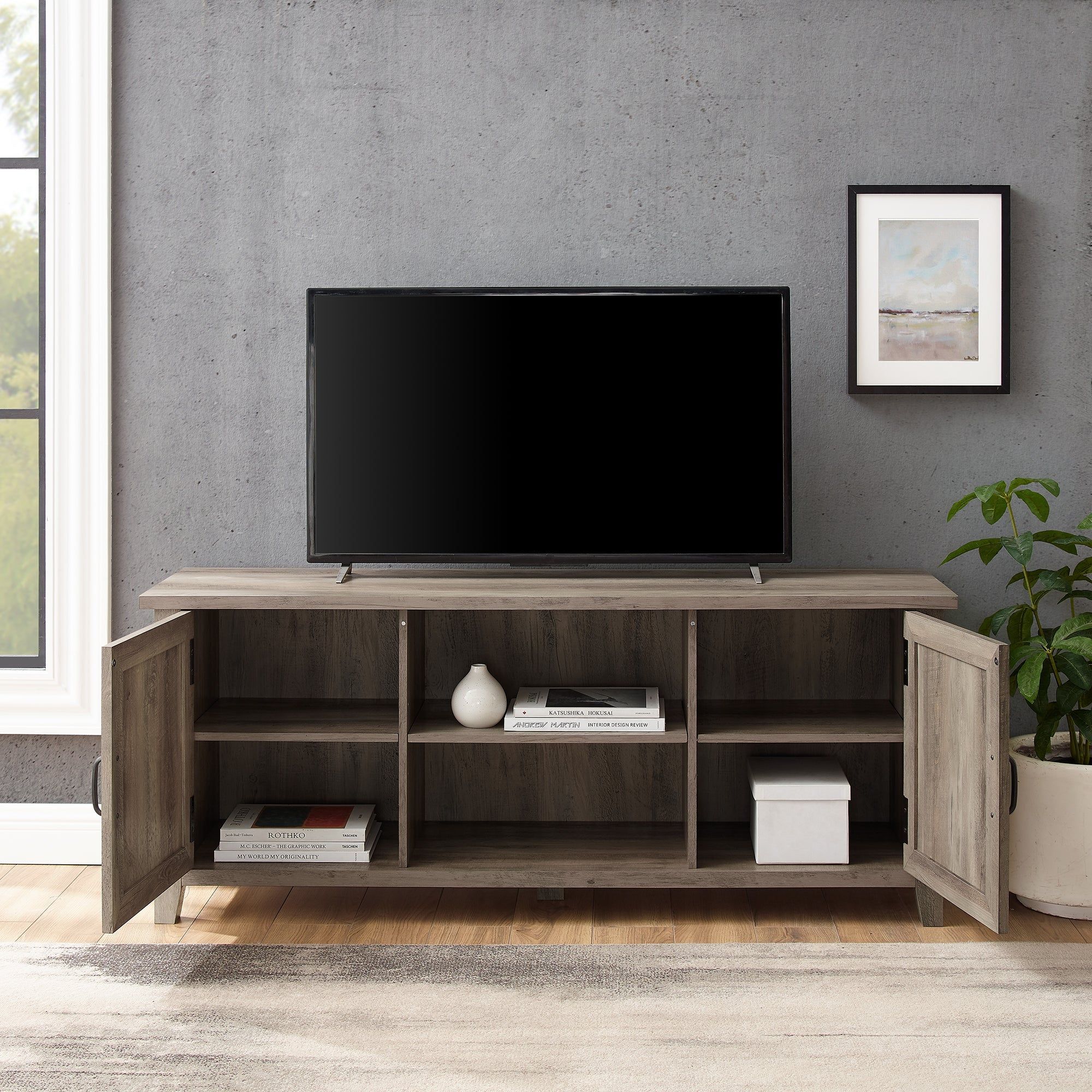 58" Modern Farmhouse Grooved 2 Door Tv Stand In 2022 | Farmhouse Tv With Tv Stands With 2 Doors And 2 Open Shelves (View 11 of 20)