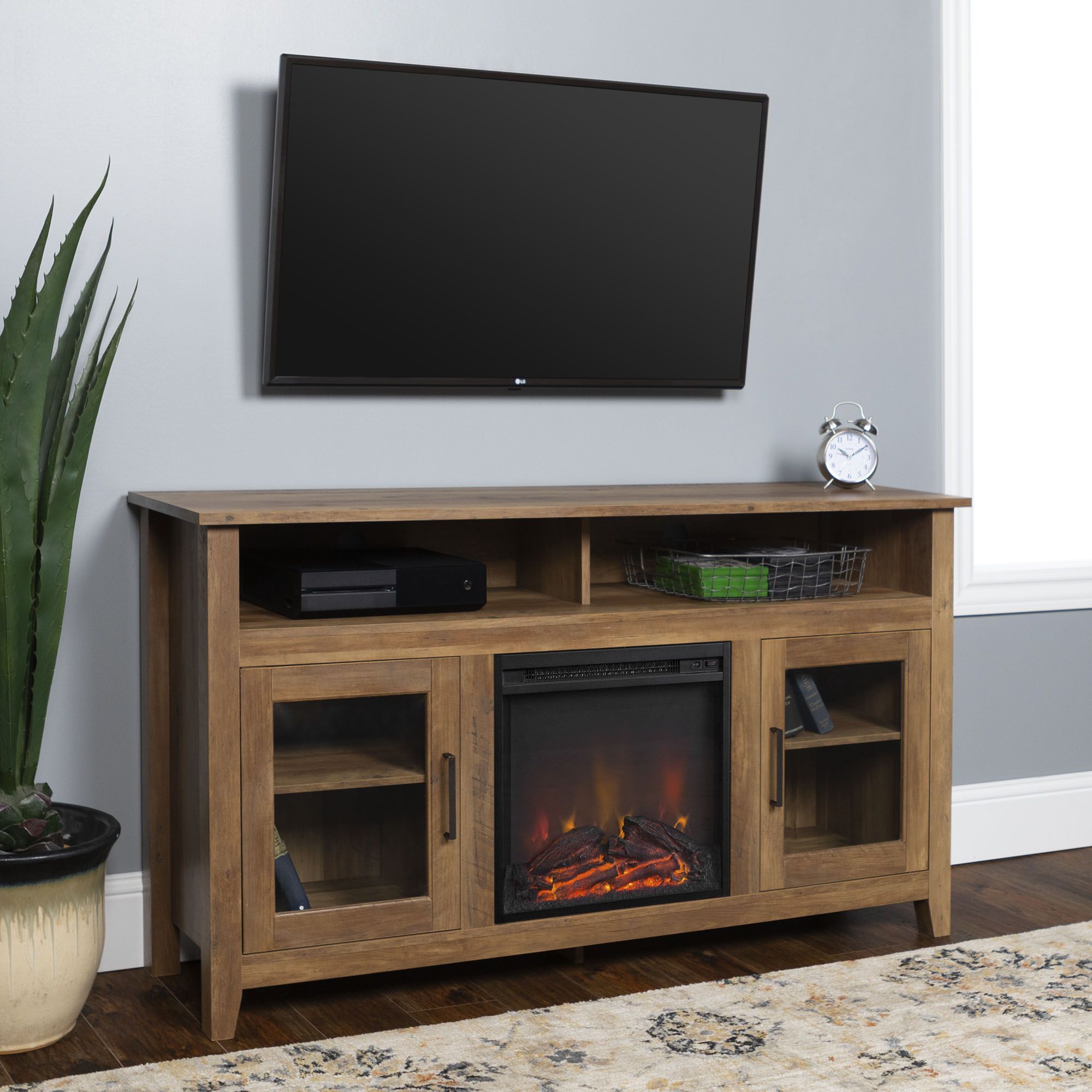 58" Wood Highboy Fireplace Tv Stand – Rustic Oak 842158125507 | Ebay Inside Wood Highboy Fireplace Tv Stands (Gallery 10 of 20)