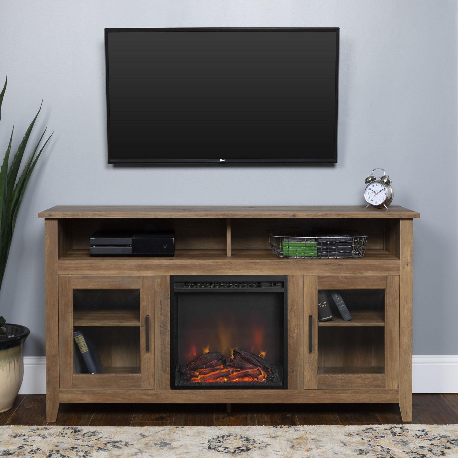 58" Wood Highboy Fireplace Tv Stand – Rustic Oak | Walmart Canada Regarding Wood Highboy Fireplace Tv Stands (View 9 of 20)