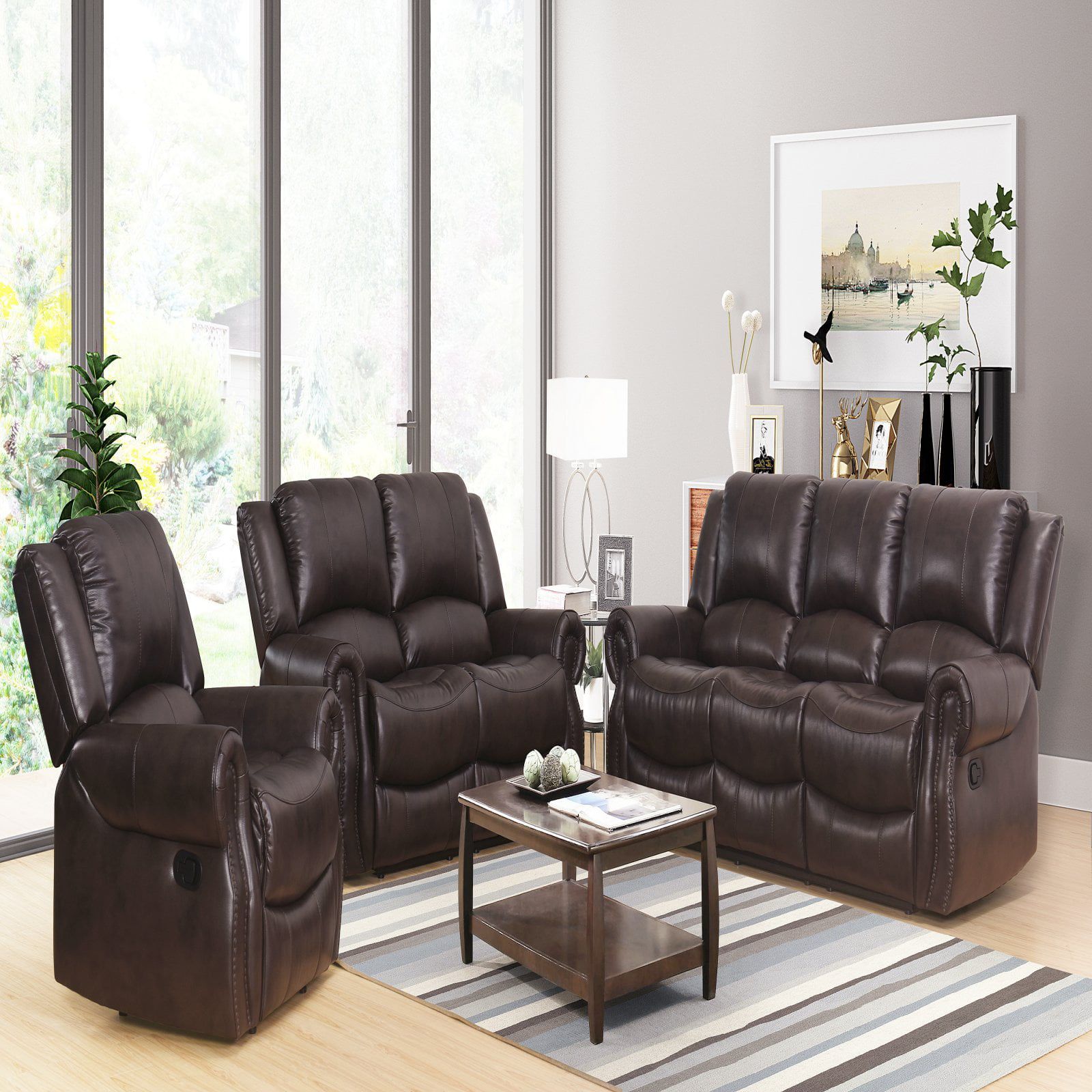 Abbyson Living Toya 3 Piece Faux Leather Reclining Sofa Set – Walmart Throughout Faux Leather Sofas (View 7 of 21)