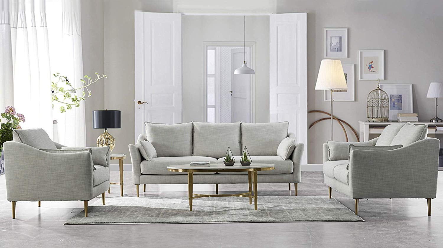 Acanva Luxury Mid Century Modern Living Room Sofa Set 3 Piece, Light With Modern Light Grey Loveseat Sofas (View 6 of 20)