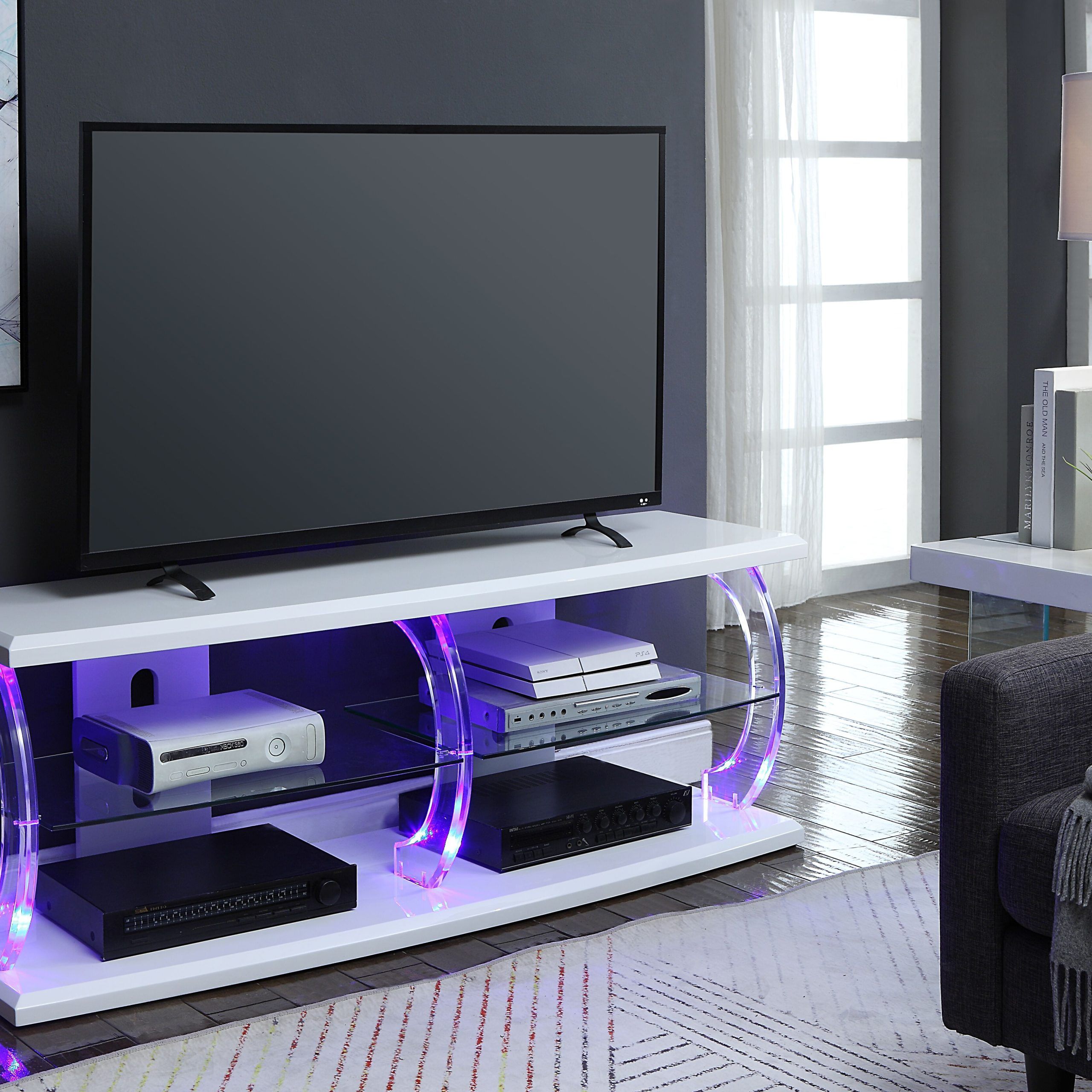 Acme Aileen Led Tv Stand With Rectangular Top In Clear Glass, Multiple Inside Led Tv Stands With Outlet (Gallery 7 of 20)