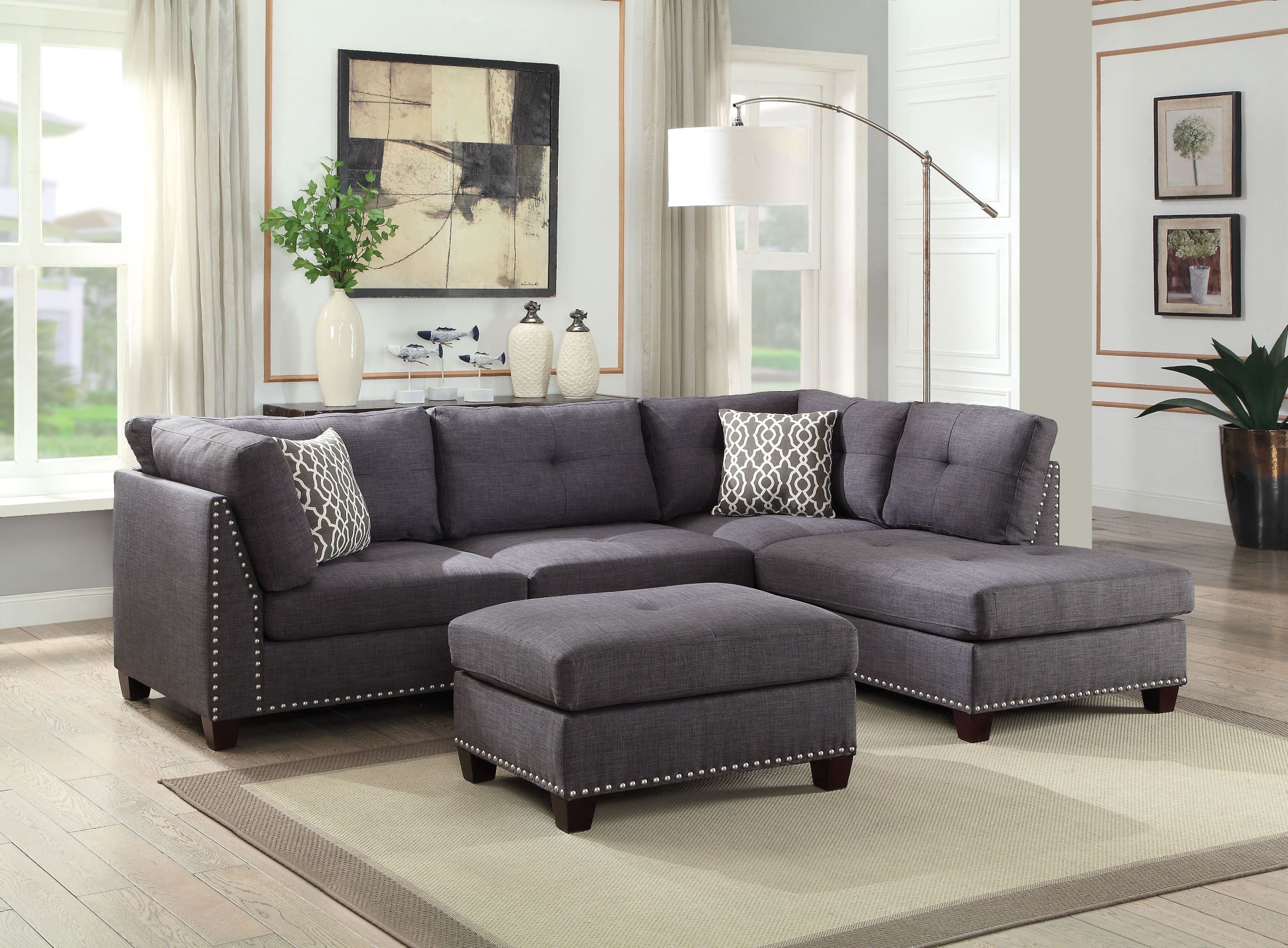 Acme Laurissa Light Charcoal Linen Sectional Sofa With Ottoman Regarding Light Charcoal Linen Sofas (Gallery 1 of 20)