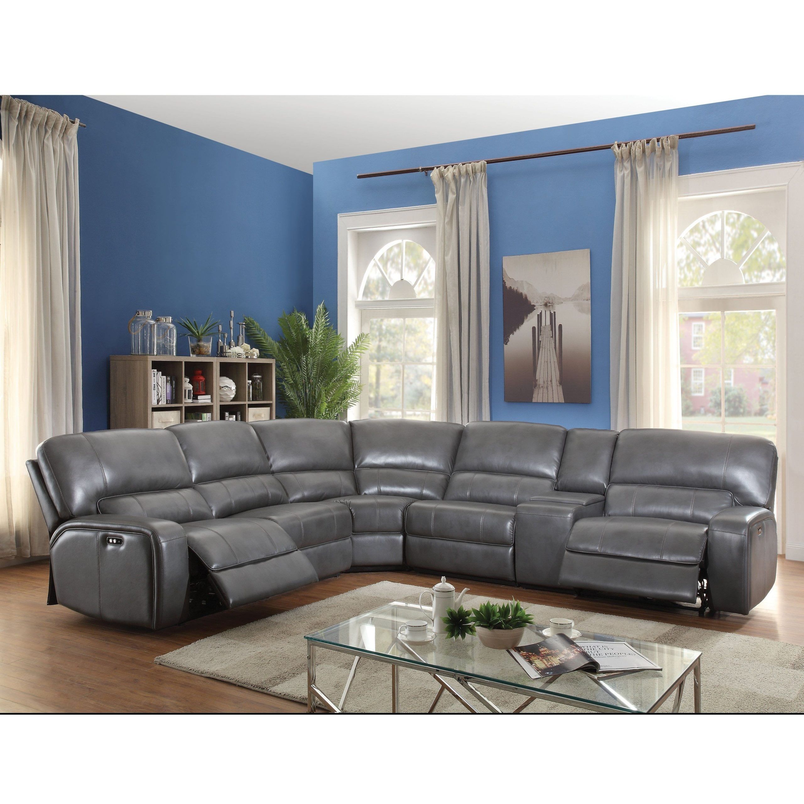 Acme Saul Sectional Sofa (power Motion/usb Dock), Gray Leather Aire With 3 Piece Leather Sectional Sofa Sets (View 8 of 20)