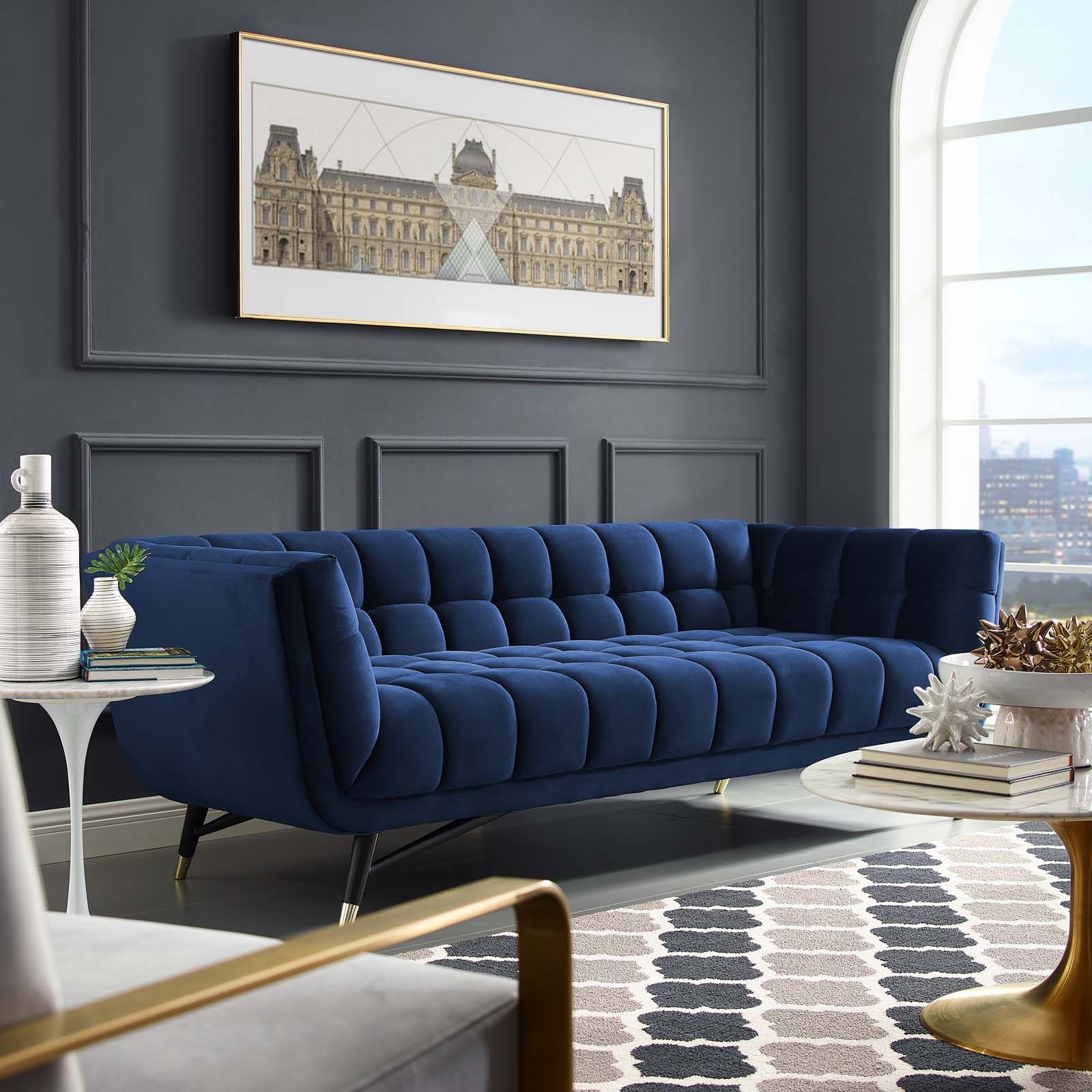 Adept Upholstered Velvet Sofa Midnight Blue | Polyestermodway Within Sofas In Blue (View 6 of 20)