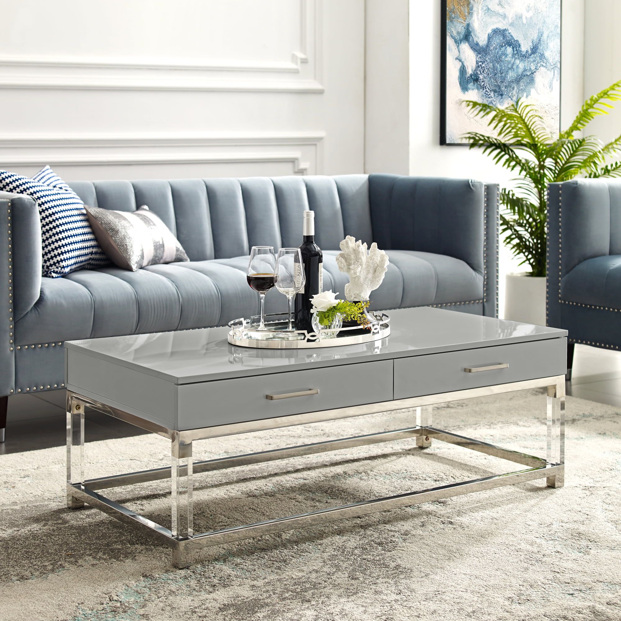 Alena Grey Coffee Table – 2 Drawers | High Gloss | Acrylic Legs Throughout Glossy Finished Metal Coffee Tables (View 3 of 20)