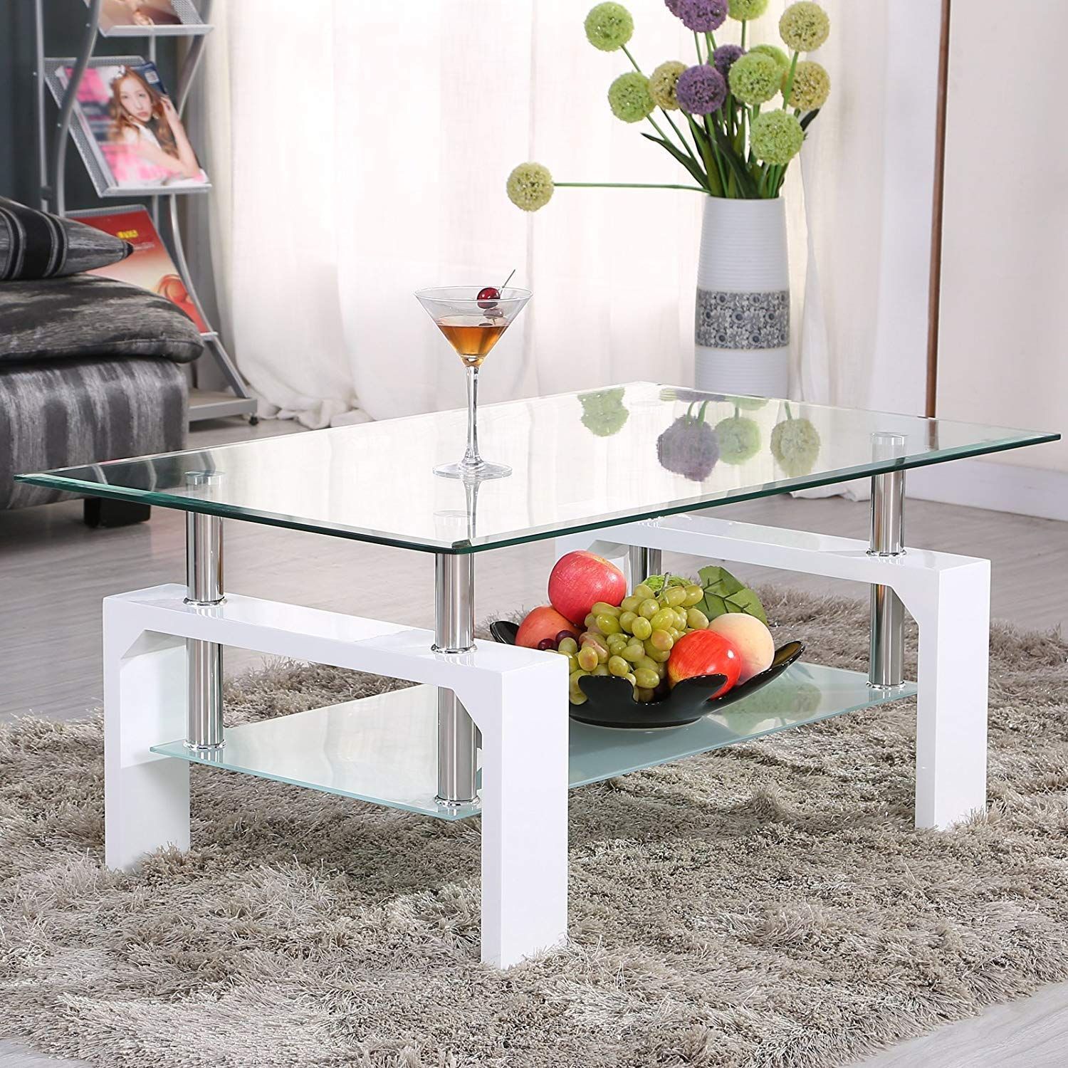 Amazon: Mecor Rectangle Glass Coffee Table White Modern Side Coffee For Glass Coffee Tables With Lower Shelves (Gallery 5 of 20)